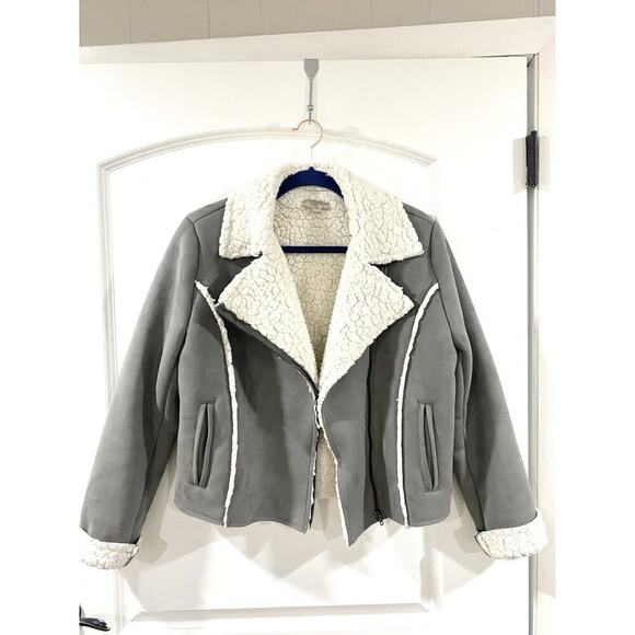LOFT Women's Asymetrical Sherpa Gray Suede Moto Jacket Sz Small - Picture 3 of 11